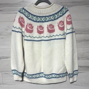 𝅺vintage Women’s Hand Knit Crew Neck Fair Isle Nordic Ski Sweater White